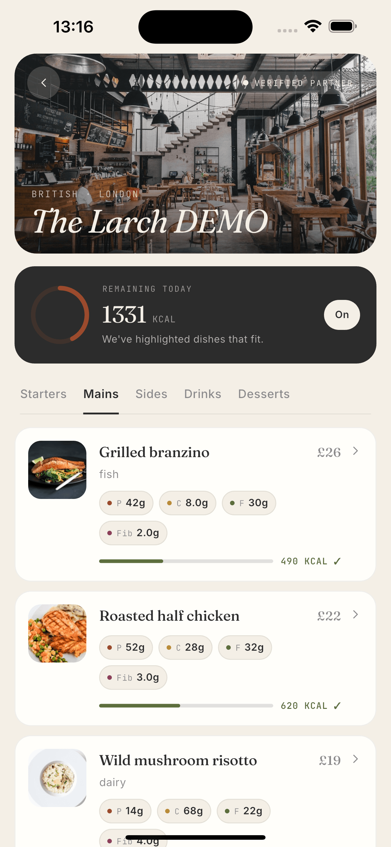 CalorieAware app showing a verified restaurant menu with calories, macros and dish cards